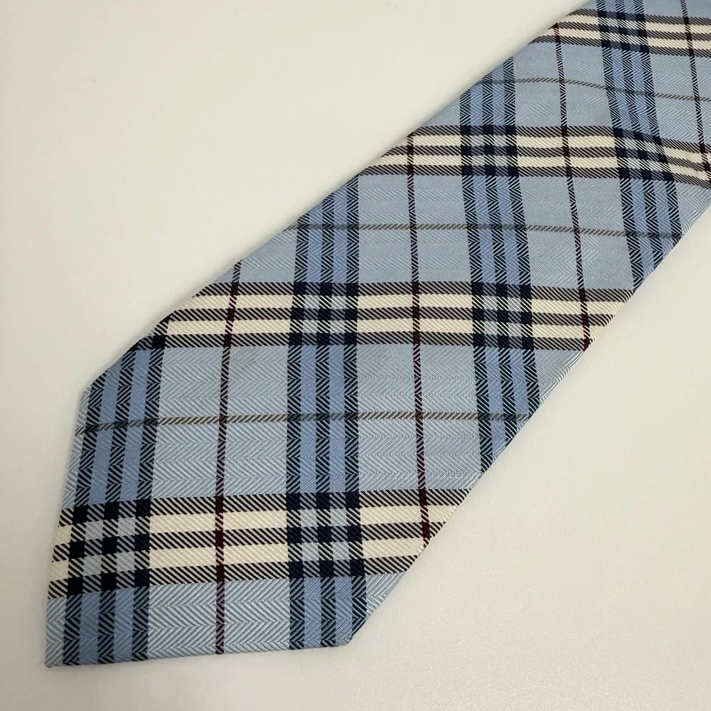 Burberry London Mens Tie Classic Blue Nova Check Plaid Silk 3.5